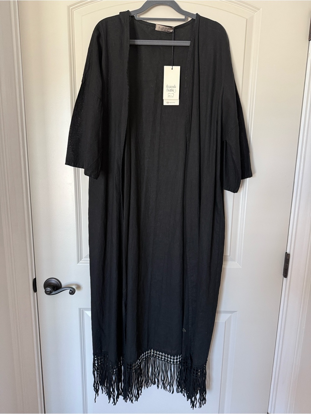 NWT La Piccola Creativa Black Open Front Kimono Duster Fringe Hem Made in Italy